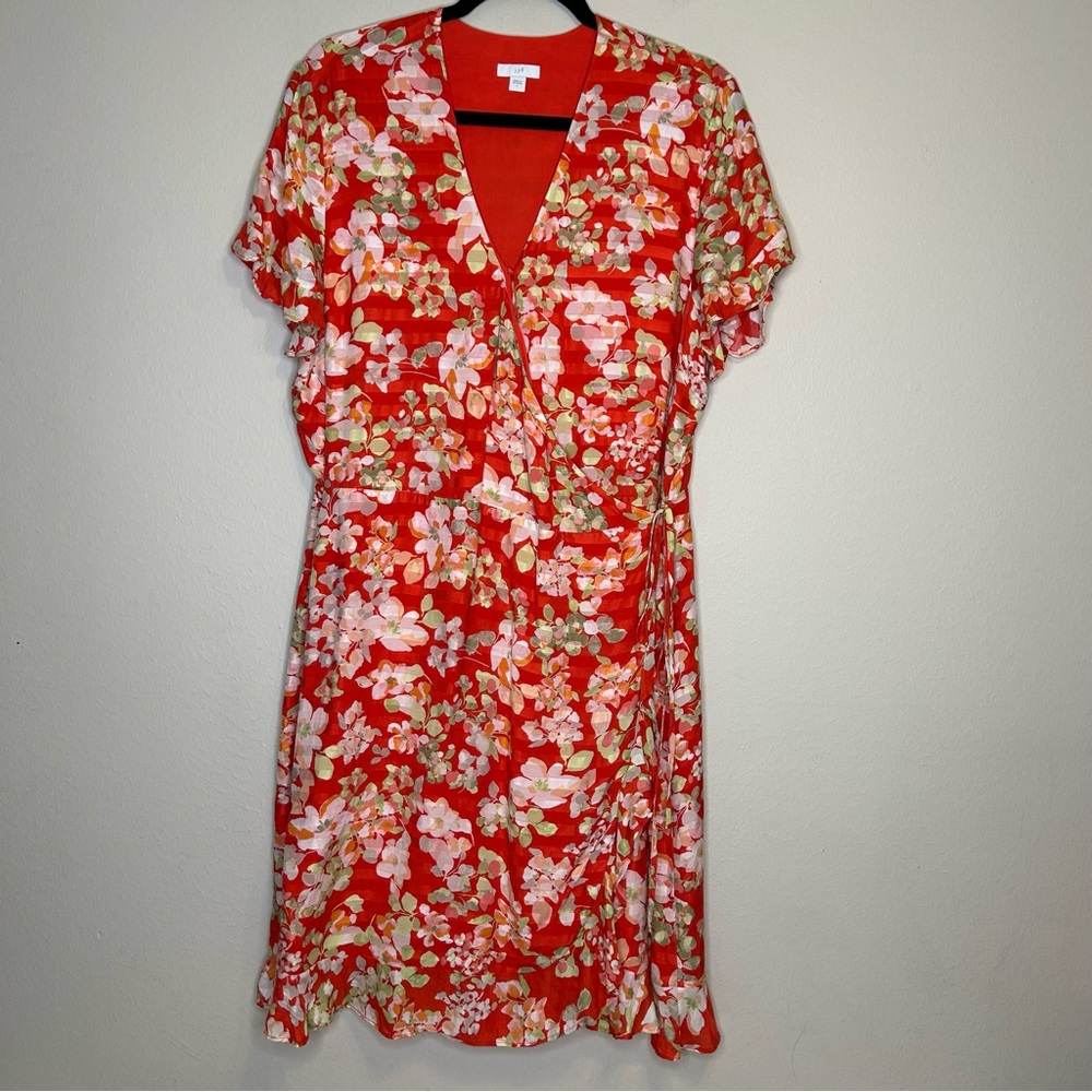 J. Jill Red Floral Wrap‎ Dress MIDI Red Size L